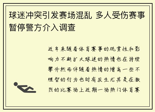球迷冲突引发赛场混乱 多人受伤赛事暂停警方介入调查